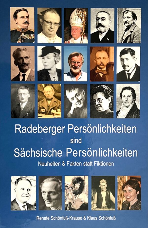 Titelbild des Buches über Radberger Persönlichkeiten. Auf blauem Grund sind 20 Porträts abgebildet.