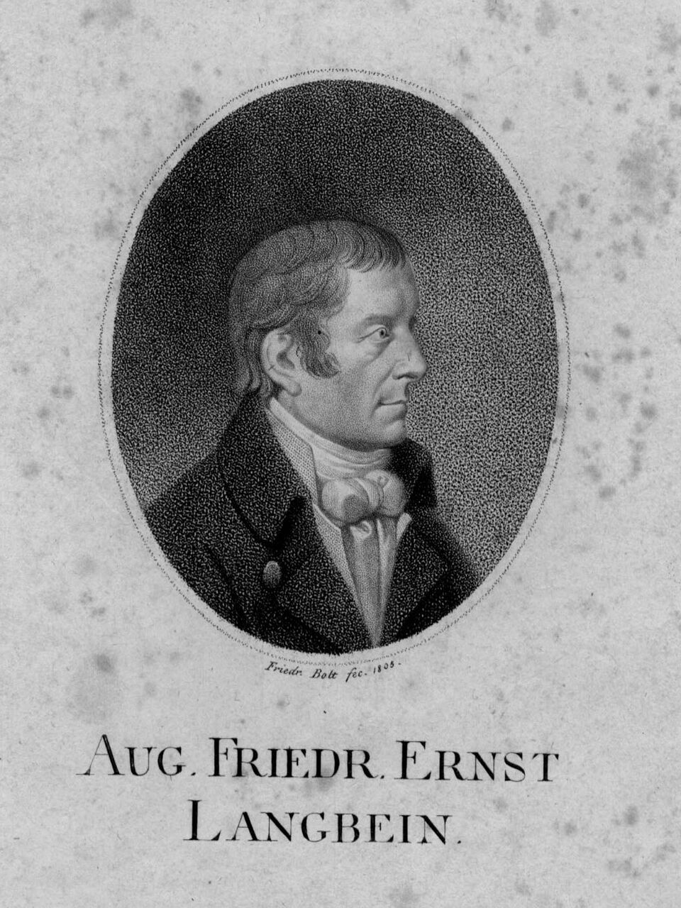 Foto in Vergrößerungsansicht öffnen: Eine Buchseite mit dem oval gefassten Porträt des Dichters Langbein, gezeichnet von Johann Friedrich Bolt um 1805.