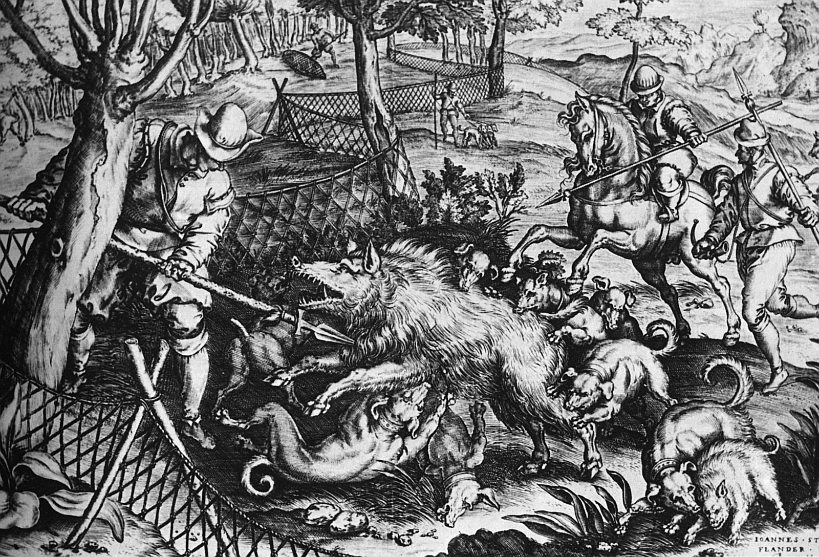Saujagd im 16. Jahrhundert. Ein niederländischer Stich, der eine lebendige Szene aus Reitern, Knechten, Jagdhunden und einem Wildschwein zeigt.