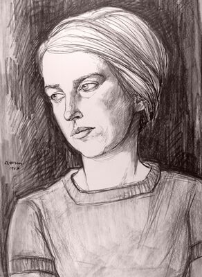 Junge Frau mit kurzen Haaren, die nachdenklich zur Seite schaut, mit Kohle und Tusche gezeichnet