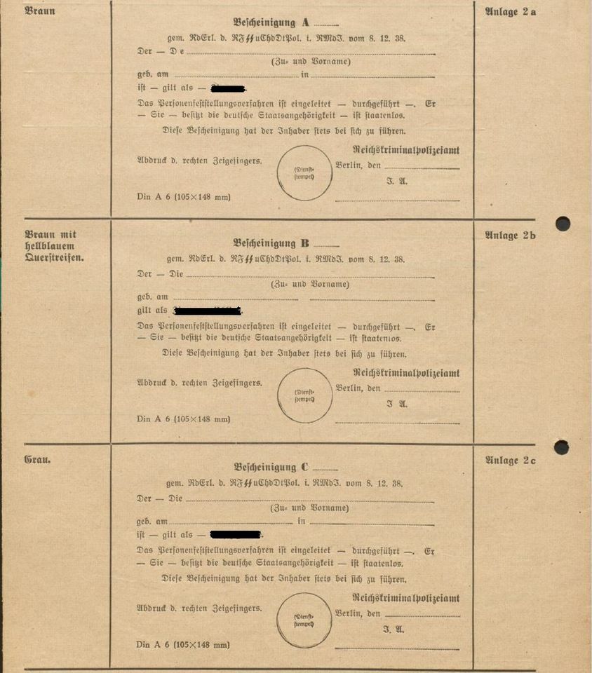 Abbildung eines Vordrucks des Reichskriminalpolizeiamtes zur Registrierung von Sinti und Roma