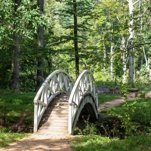 weiße Brücke über die Große Räder im Seifersdorfer Tal bei Wachau