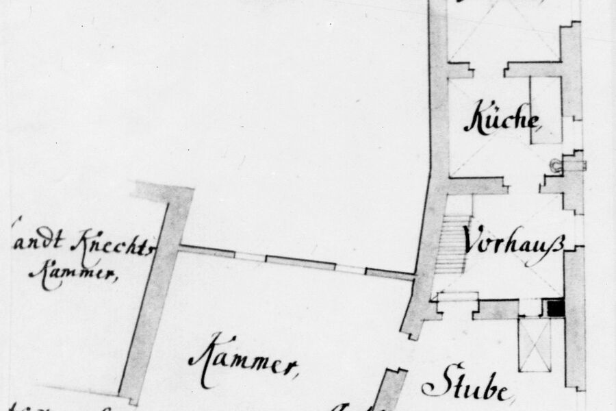 Ecksituation im Grundriss des Amtshauses im Obergeschoss mit Knechtkammer, Amtsschreiberei, Vorhaus, Küche und Gewölbe.