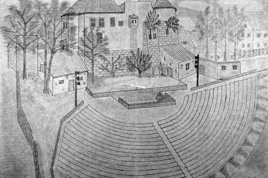 Entwurfszeichnung für ein Freilichttheater mit Bühne und Publikumsbereich im Schlossgarten, 1955