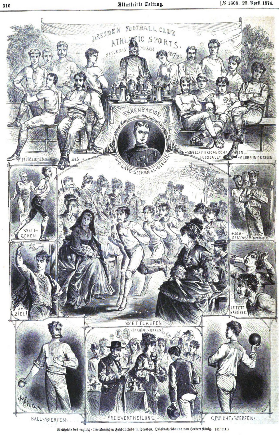 Historische Darstellung der Wettspiele des englisch-amerikanischen Fußballclubs in Dresden in einer Collage