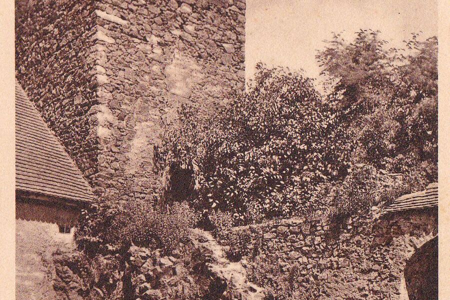 Schwarz-Weiß-Foto des Eulenturms mit Buschwerk am Fuß und kaputter Treppe von 1910