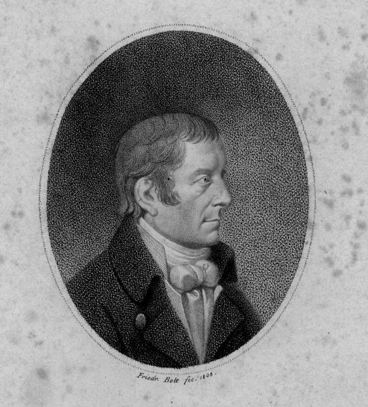 Foto in Vergrößerungsansicht öffnen: Eine Buchseite mit dem oval gefassten Porträt des Dichters Langbein, gezeichnet von Johann Friedrich Bolt um 1805