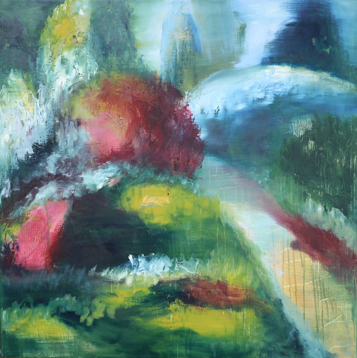 Das Bild "Im Staudengarten" ist in Mischtechnik mit kräftigen Farben in blauen, grünen und Magentatönen gemalt.