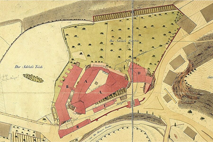 Schlossgarten – kolorierter Plan von 1840, deutlich sind der Teich, der Garten und das Schloss im Grundriss zu erkennen