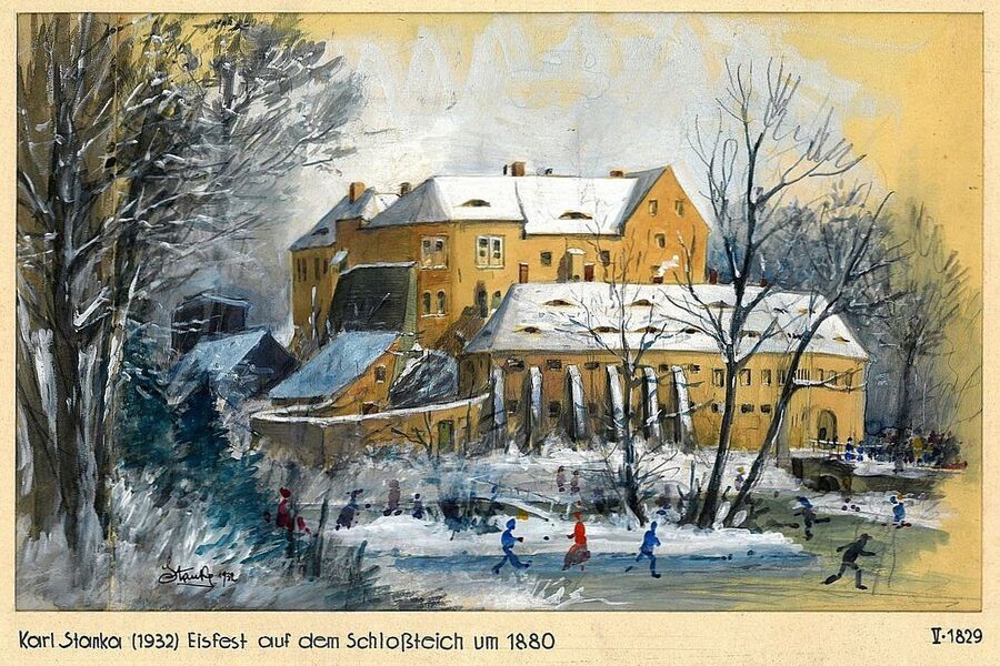 Das Aquarell von Karl Stanka aus dem Jahr 1932 zeigt schlittschuhlaufende Menschen auf dem gefrorenen Teich vor dem Schloss