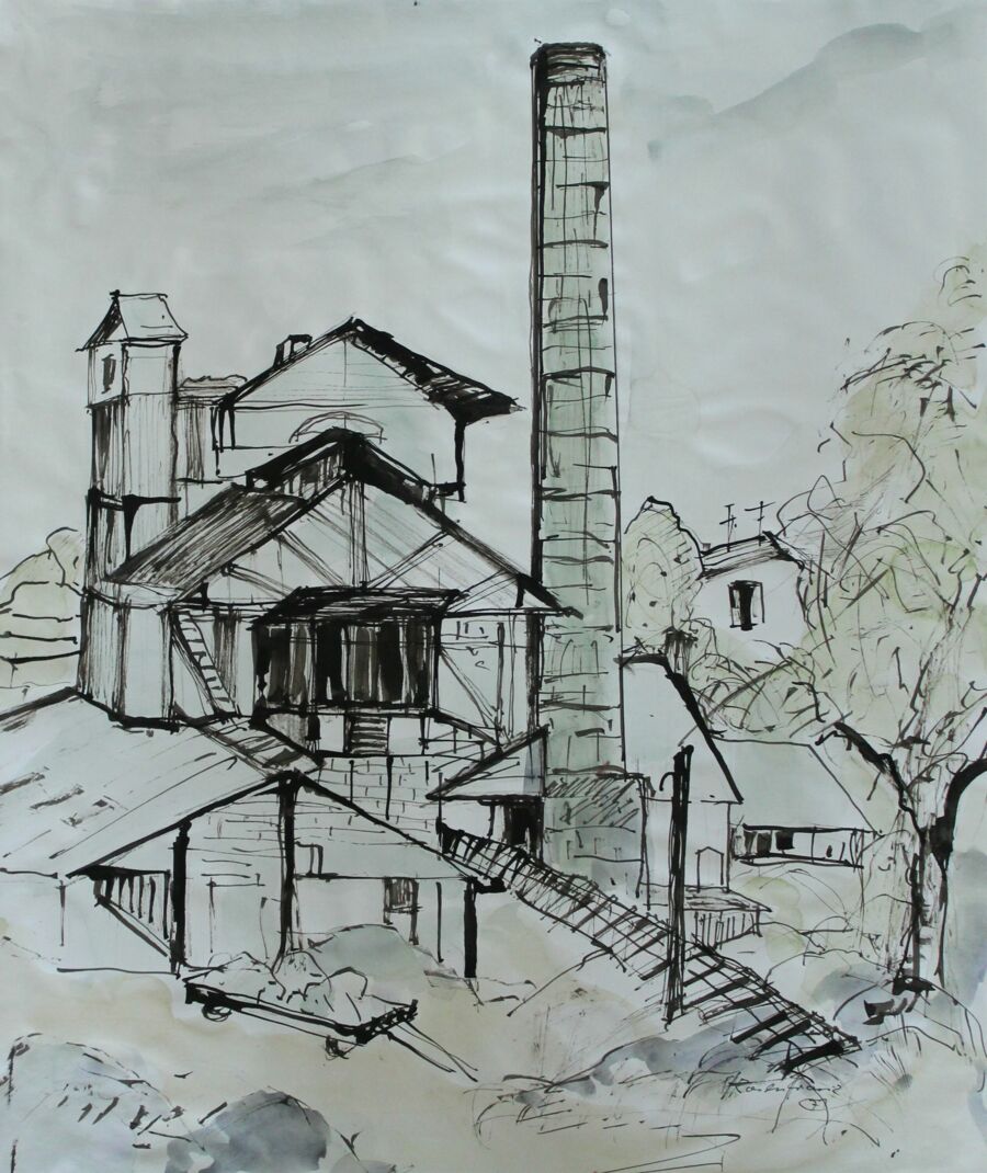Schwarze Tuschzeichnung mit hellen blaugrauen und grünlichen ausmalungen zeigt das alte Gaswerk. In der Bildmitte ragt ein Schornstein, links davon steht das Werk, rechts ein Baum.