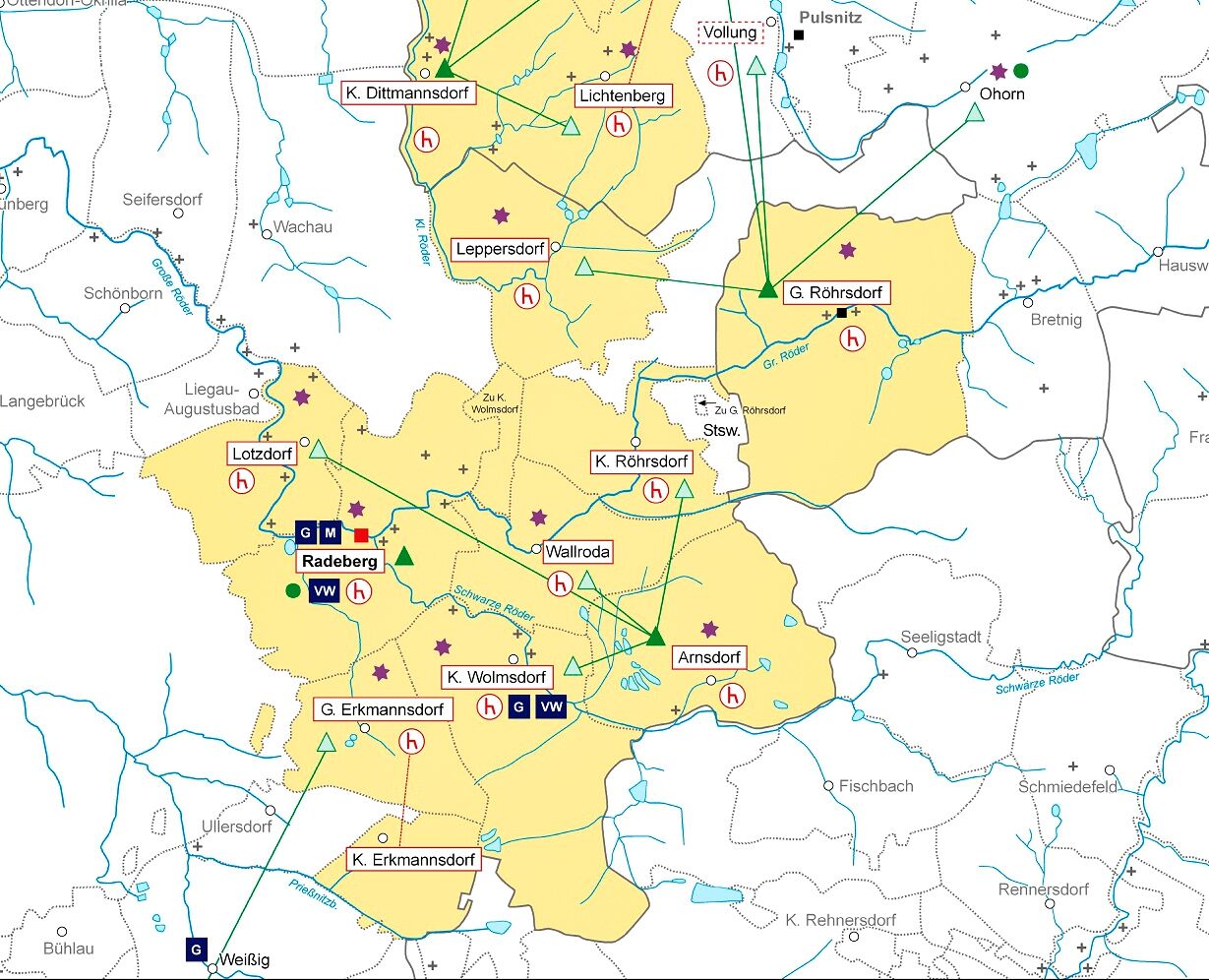Ausschnitt aus dem Plan des Amtes zu Radeberg von 1551. Die Amtsgebiete sind gelb hinterlegt.