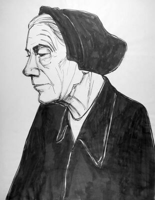 Tuschezeichnung einer alten Frau mit dunkler Kappe von 1962