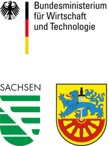 Logo des Bundesministeriums für Wirtschaft und Technologie bestehd aus dem Schriftzug, dem Adler, einem senkrechten Balken in schwarz, rot, gelb sowie dem grün-weißen Wappen vom Freistaat Sachsen und dem Radeberger Stadtwappen.