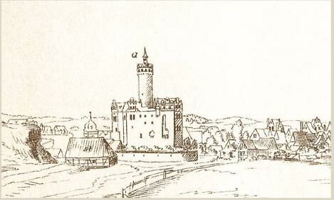 Älteste Ansicht des Schlosses Klippenstein und der Stadt Radeberg von 1627. Deutlich ist der Burgfried zu erkennen.