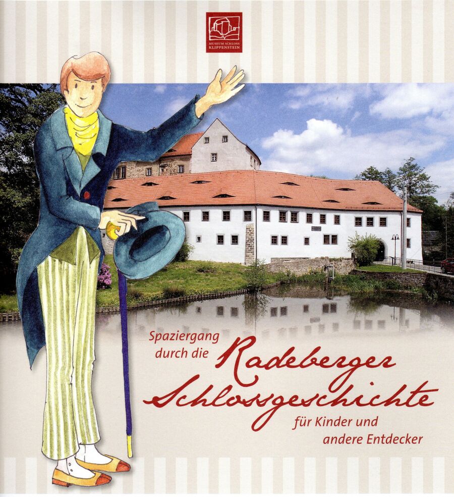 Titelbild der Broschüre mit der gezeichneten Figur des jungen Dichters Langbein in blauem Frack und gestreifter Hose vor dem Schloss Klippenstein