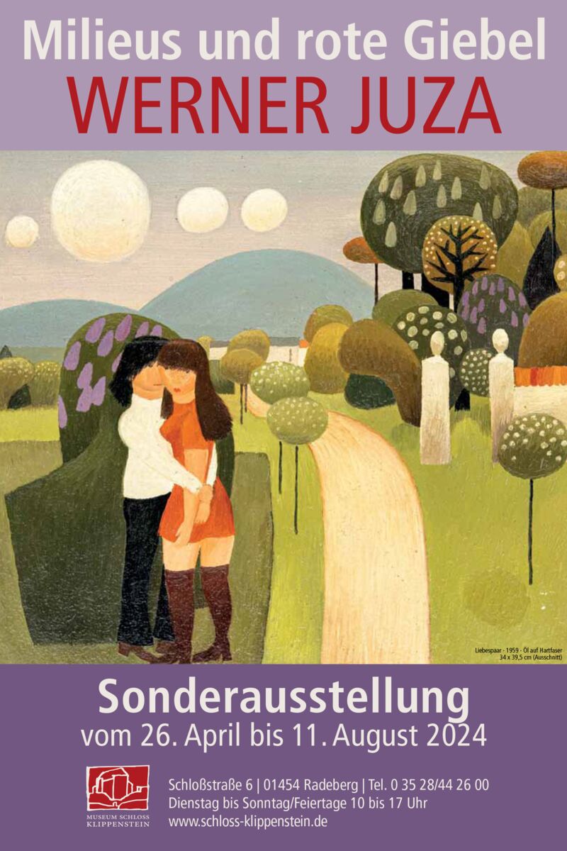 Ausstellungsplakat "Milieus und rote Giebel" Werner Juza mit dem Motiv "Liebespaar"