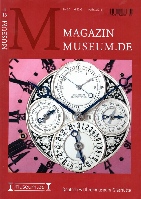 Titelbild des Magazins mit rotem Rahmen und einer Uhr aus Glashütte mit fünf Zifferblättern.