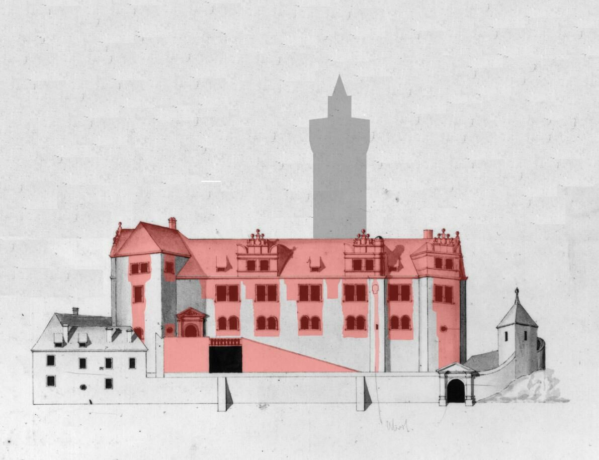 Darstellung der Schlossanlage. Klare Gliederung der Fassade mit Fensterreihen und Renaissancegiebeln. Rot markiert sind die heute noch erhaltenen Umbauten durch Herzog Moritz. Grau stilisiert ist der ehemalige Bergrfied. Um 1550
