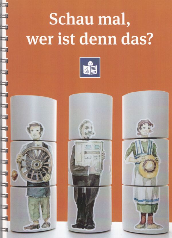 Titelbild mit drei Personen, die für typische Radeberger Handwerksberufe stehen, die in der Broschüre in Leichter Sprache erklärt werden.