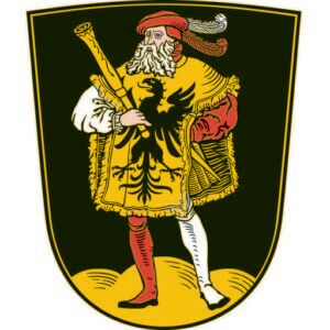 Wappen mit einem Mann in gelber Tunika mit schwarzem Adler, rotem Barett und unterschiedlich farbigen Strümpfen auf schwarzem Grund