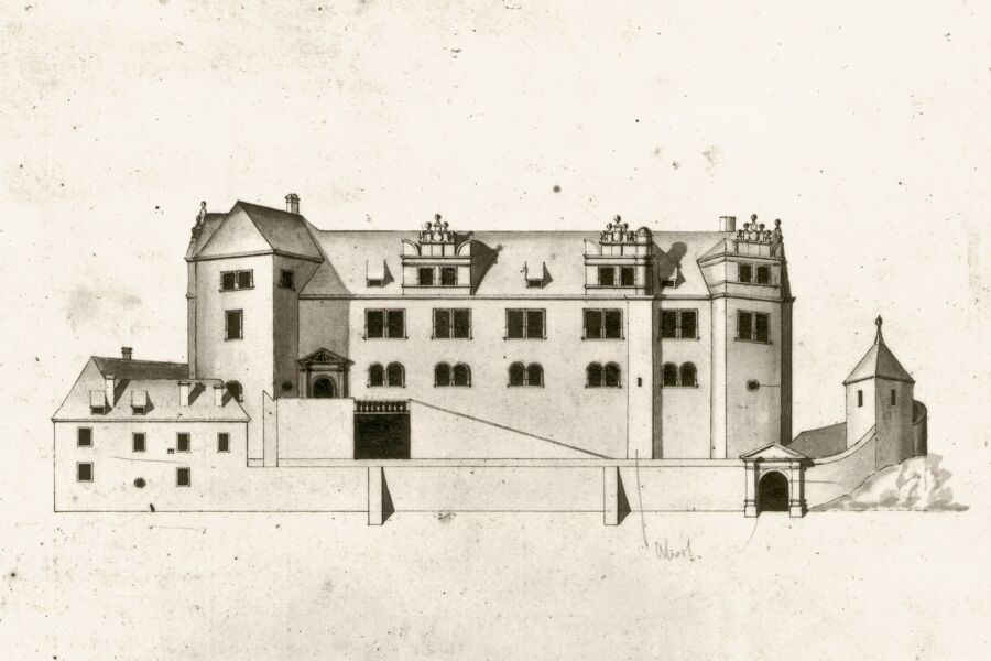 Fassadenzeichnung des Renaisance-Schloss auf vergilbtem Papier