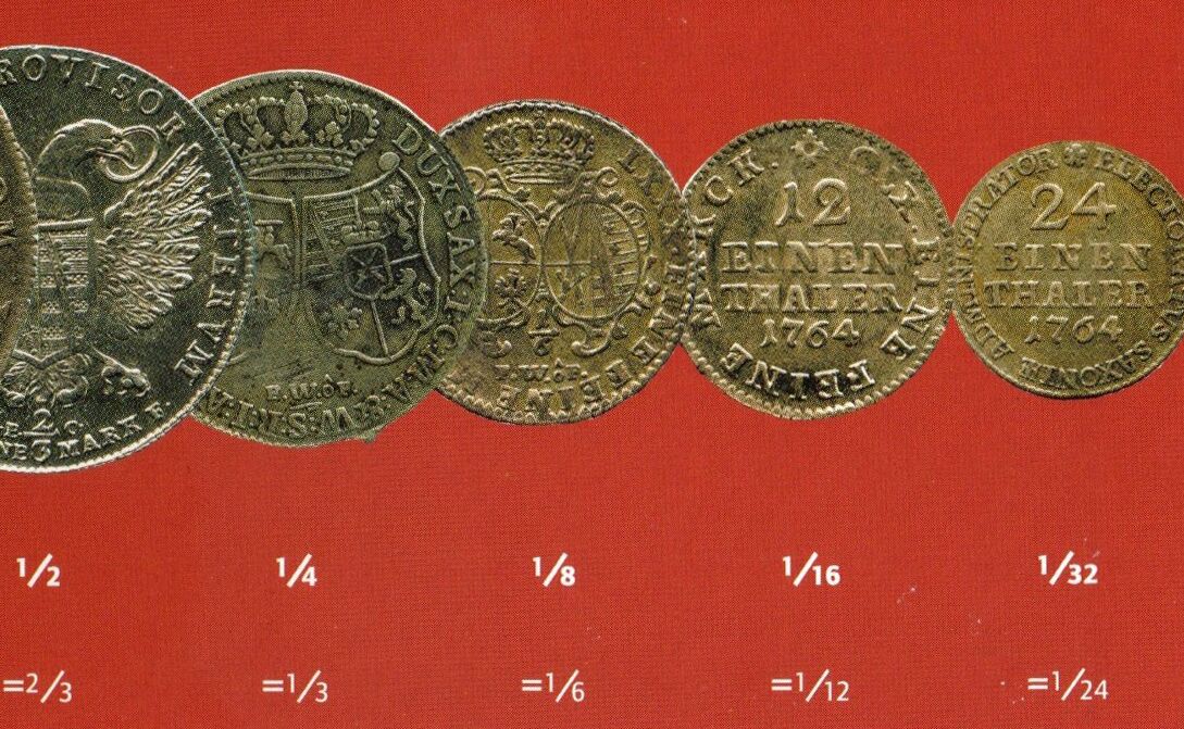 Fünf Münzen von 1764 im Wert von einem und zwei Drittel, ein Sechstel, ein Zwölftel und einem Vierundzwanzigstel eines Talers.