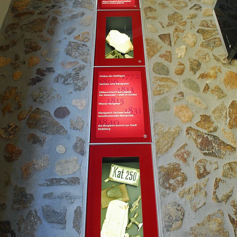 Blick auf den Boden des Museumsgangs mit Wildpflasterung. In der Mitte erstreckt sich ein roter Zeitrahl. Textfelder und Felder mit Exponaten wechseln einander ab.